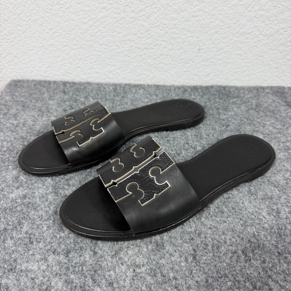 Tory Burch Ines Slide Sandal Womens 10.5 M Black Leather Gold Logo EUC Luxury